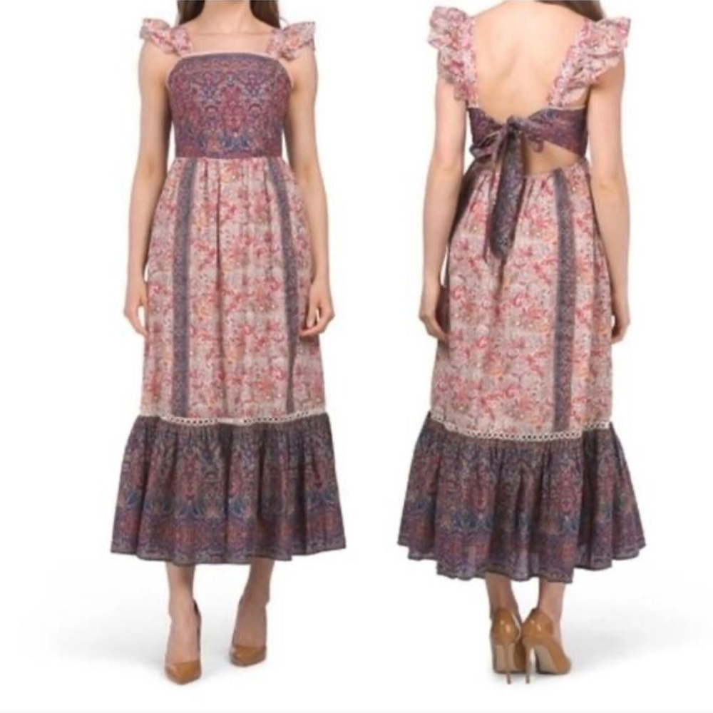 Haute Hippie Boho Floral Paisley Flutter Sleeve Maxi Dress Tie Back Women 10